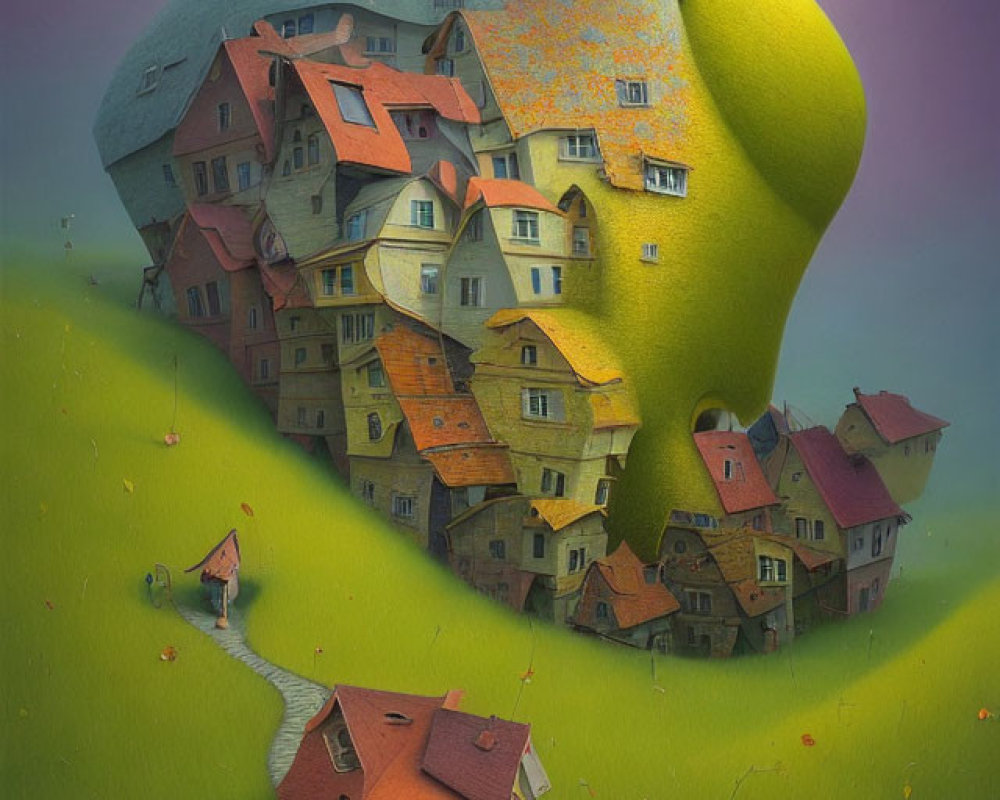 Surreal pear-shaped hill with colorful houses and lone tree