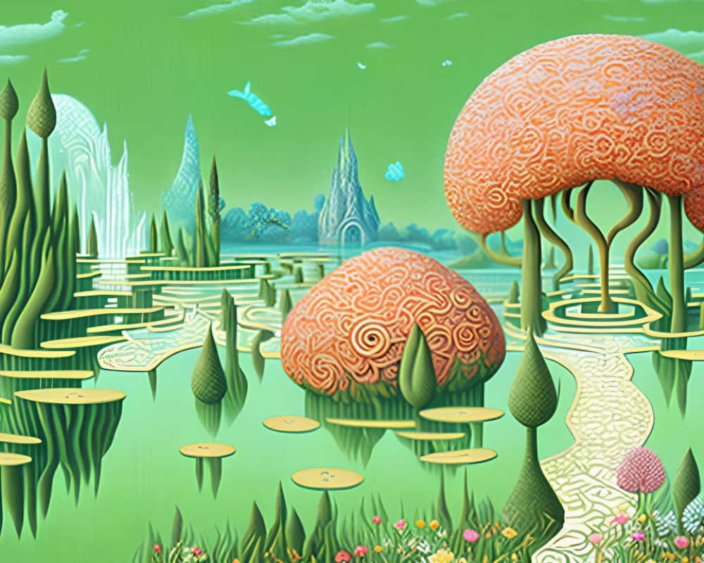 Abstract Surreal Landscape with Stylized Greenery and Floating Discs