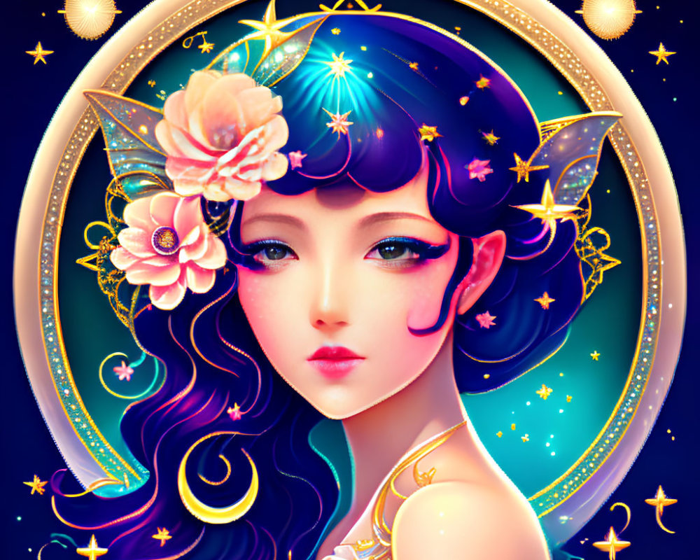 Fantasy female figure with celestial motifs in luminous colors