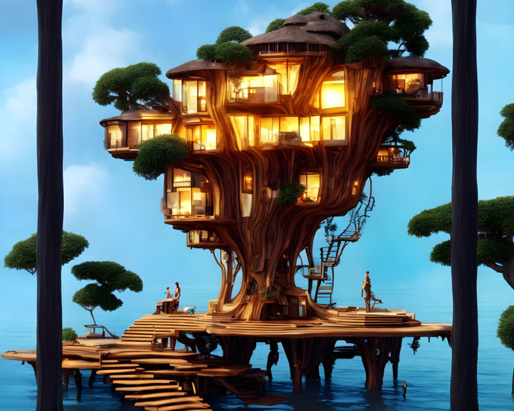 Enchanted multi-level treehouse with glowing windows by a dock at twilight