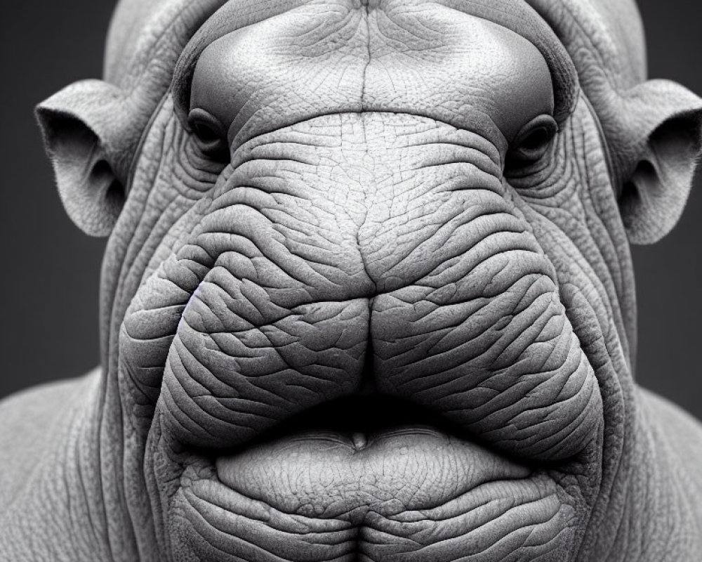 Detailed Close-up of Hippopotamus Face with Skin Textures on Grey Background