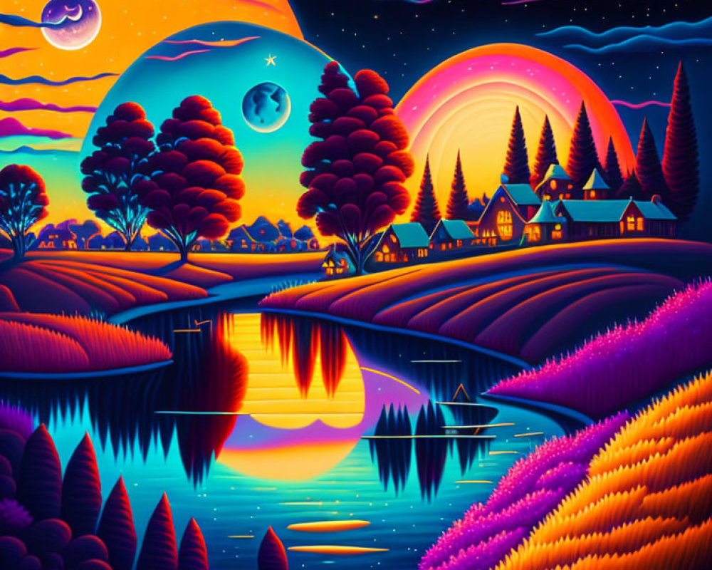 Colorful surreal landscape with sunset, river, hills, houses, trees, and two moons