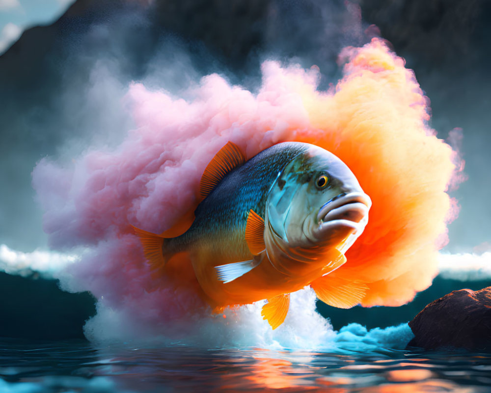 Colorful fish with orange fins in vibrant underwater scene with mountains