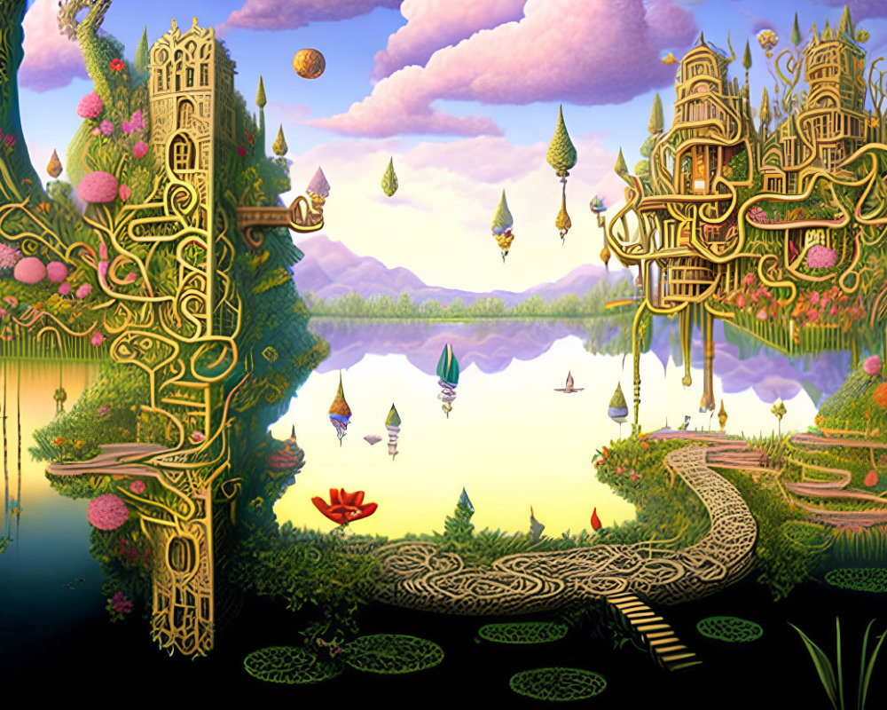 Fantastical Landscape with Golden Castles, Floating Islands, and Reflective Lake