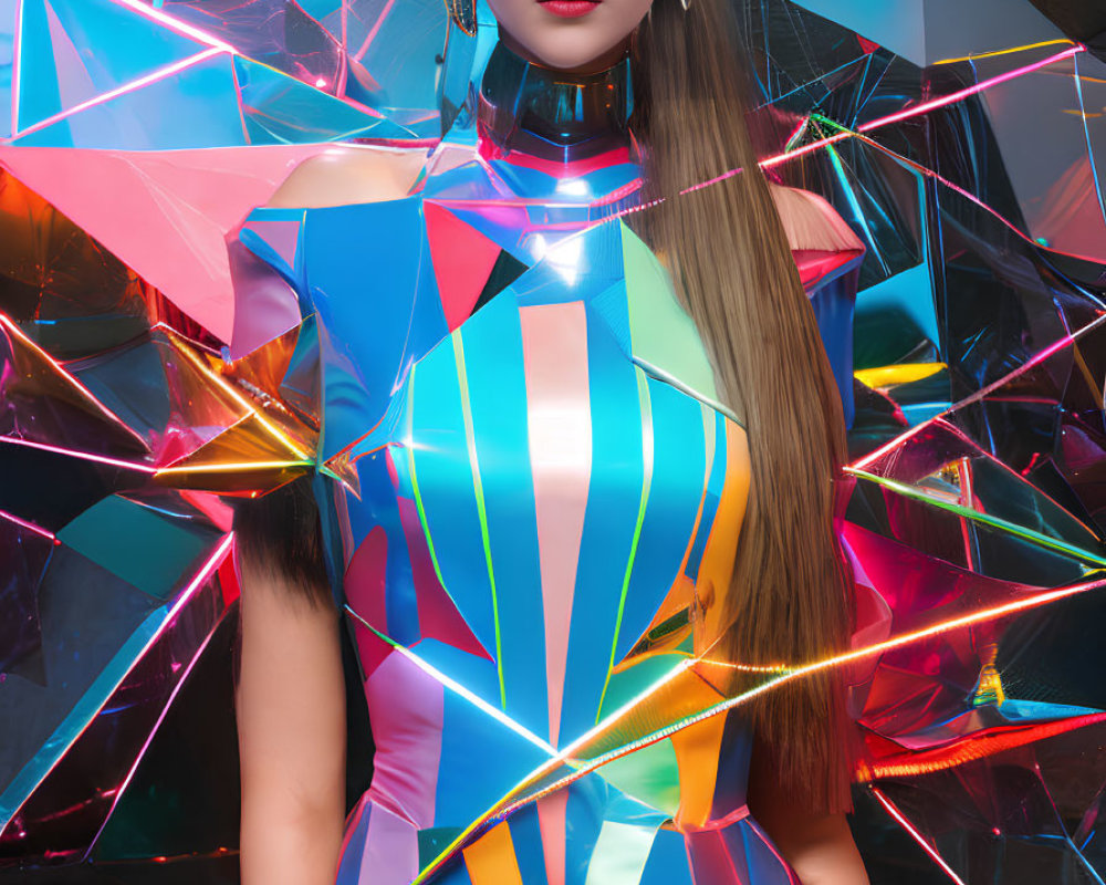 Colorful futuristic outfit with geometric patterns on woman in kaleidoscopic setting