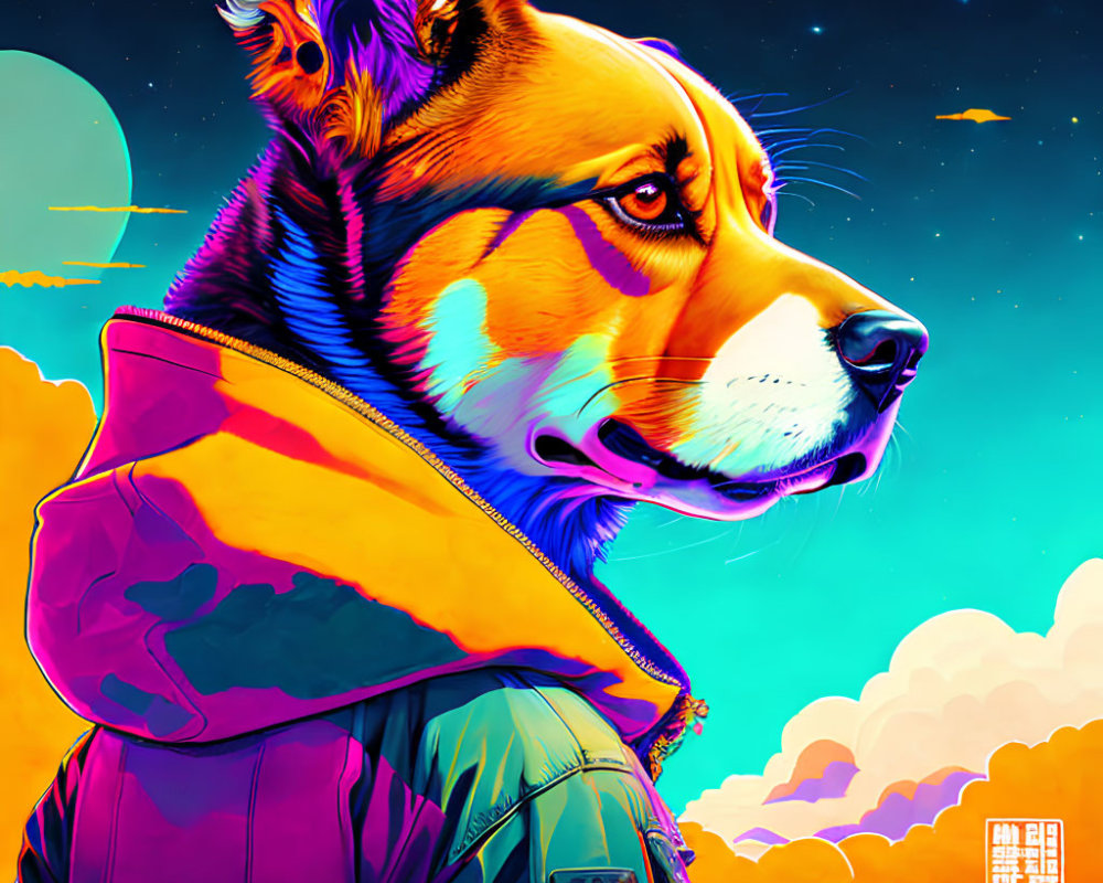 Vivid sunset sky backdrop with stylized dog in human clothing