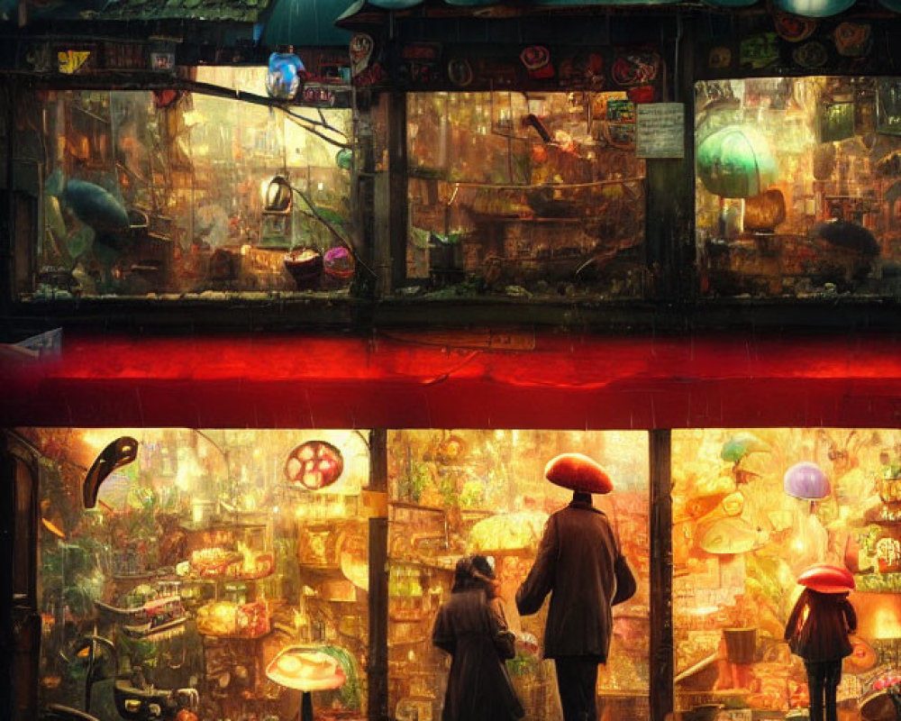 Two individuals with umbrellas outside a bright shop on a rainy night.