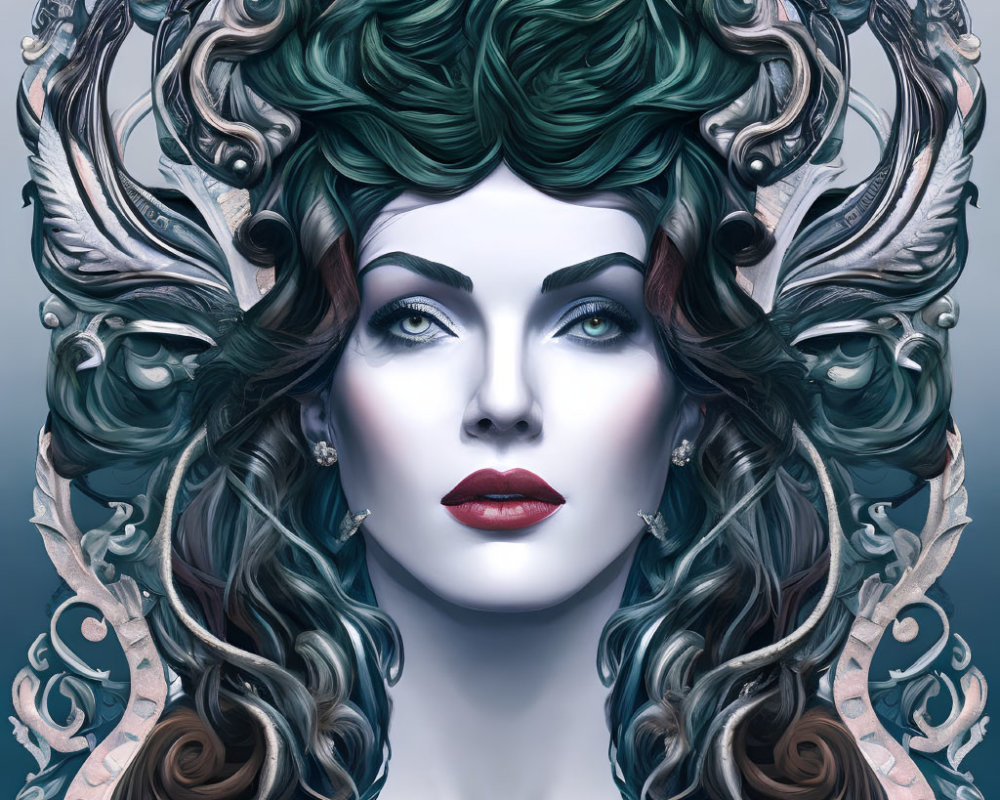 Symmetrical stylized woman with green wavy hair and ornate metallic adornments