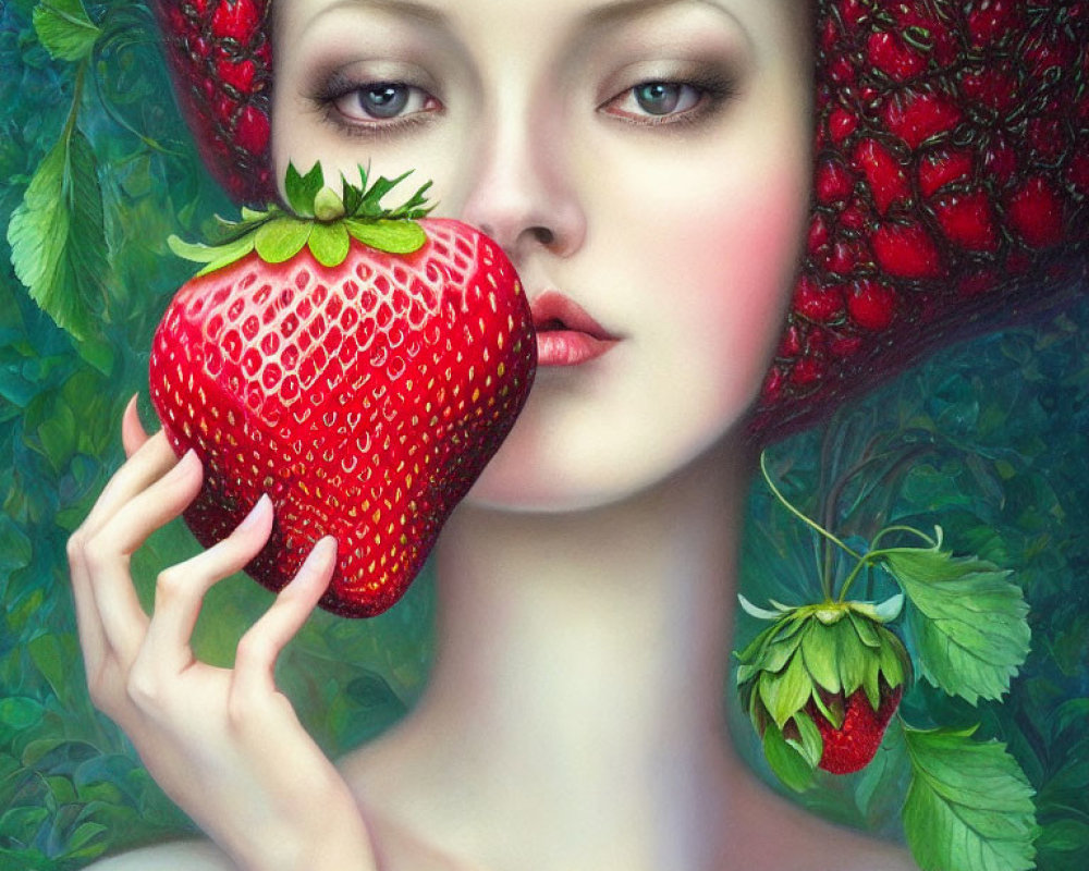 Surreal portrait of woman with strawberry-themed features in nature