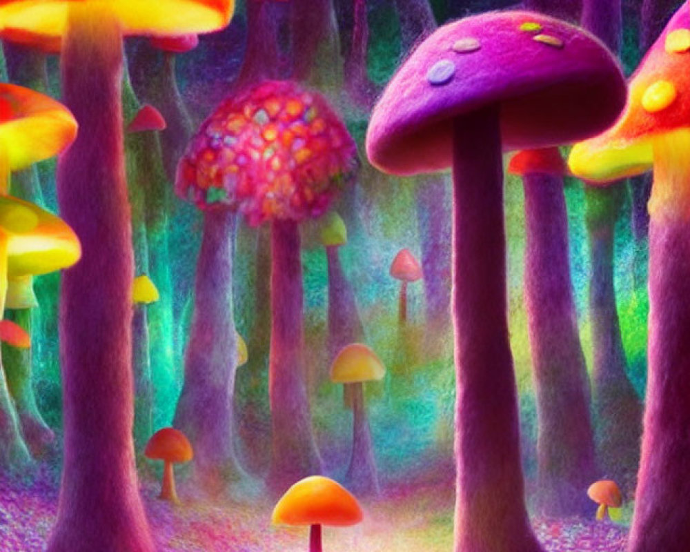 Colorful Fantasy Forest with Oversized Luminescent Mushrooms