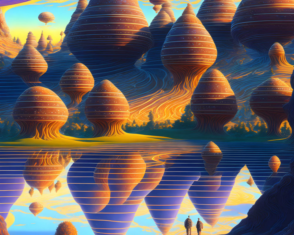 Colorful alien landscape with rock formations, water, planets, and figure.