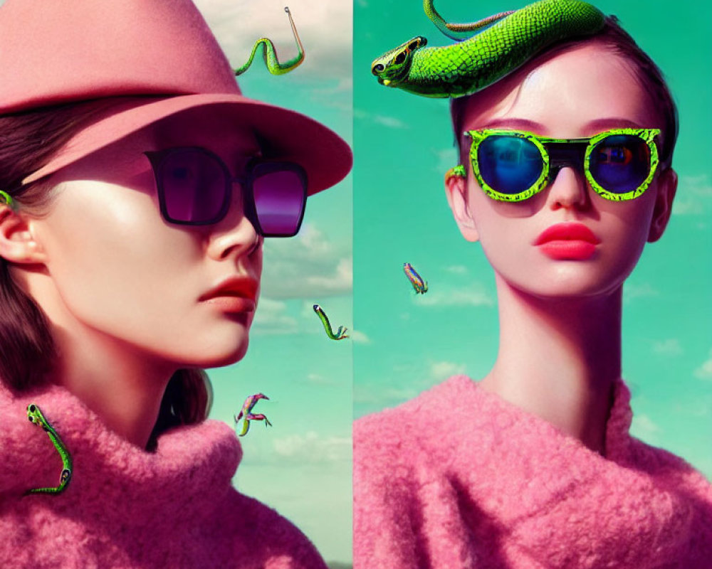 Stylized portrait of woman with pink hat and sunglasses, animated green snakes, blue sky