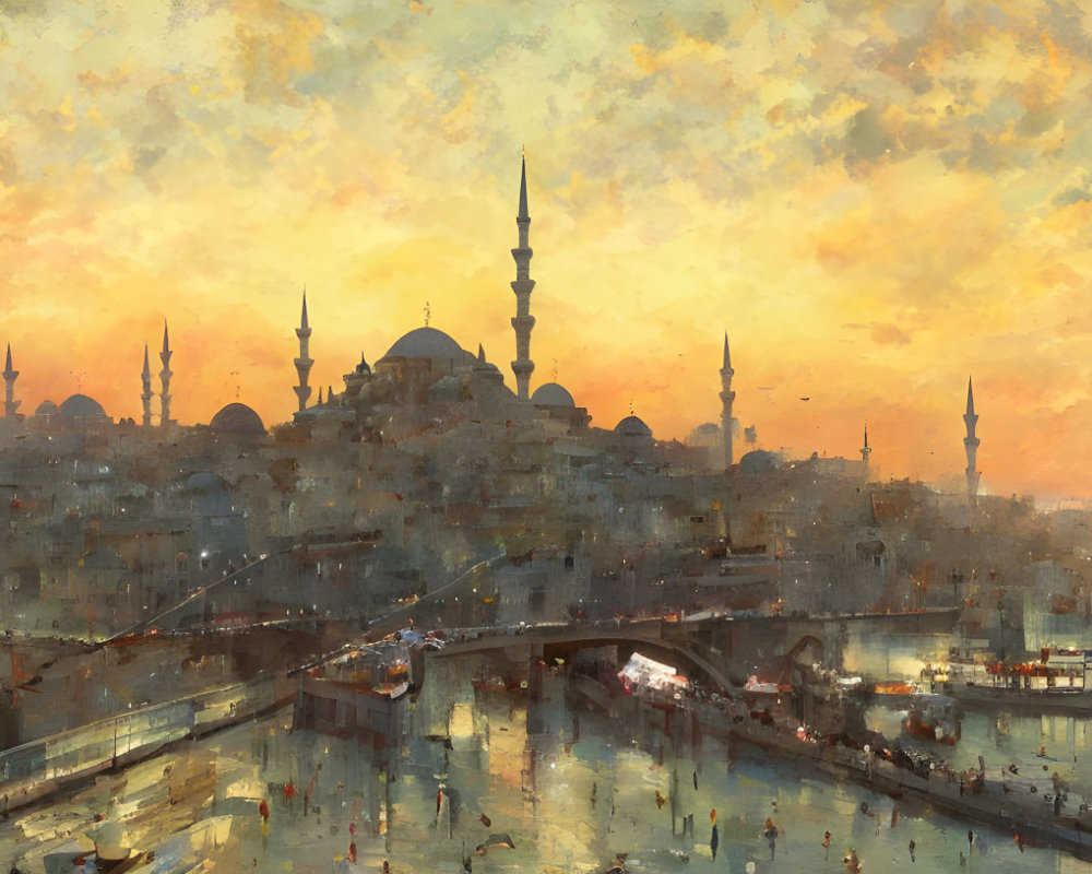 Historical cityscape painting: mosques, minarets, bridge, sunset sky.