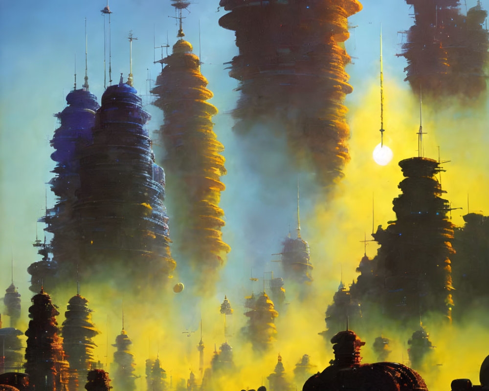 Mist-shrouded skyscrapers and floating orbs in futuristic cityscape