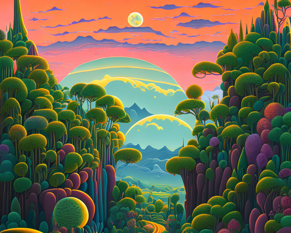 Colorful stylized landscape with round-topped trees, winding path, mountains, and crescent moon