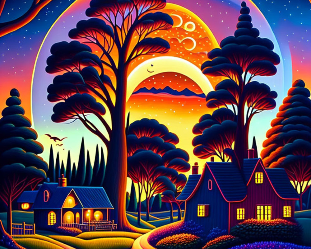 Colorful Stylized Artwork: Cozy House Among Whimsical Trees at Night