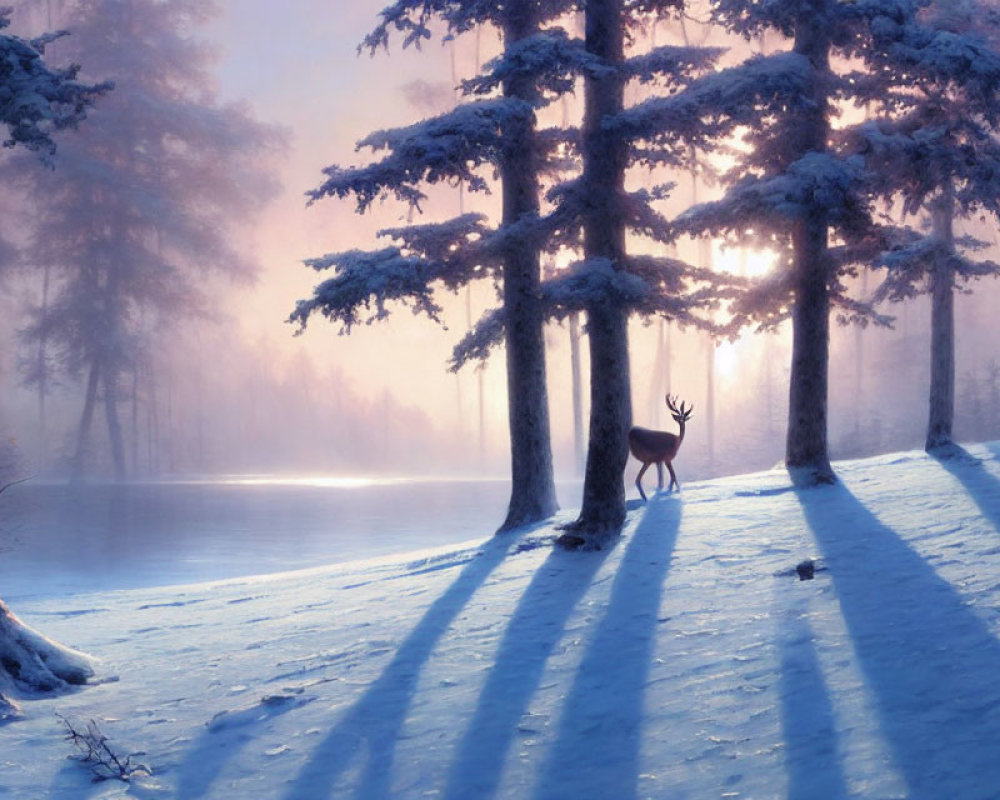 Winter forest scene with deer, long shadows, and pink sunrise