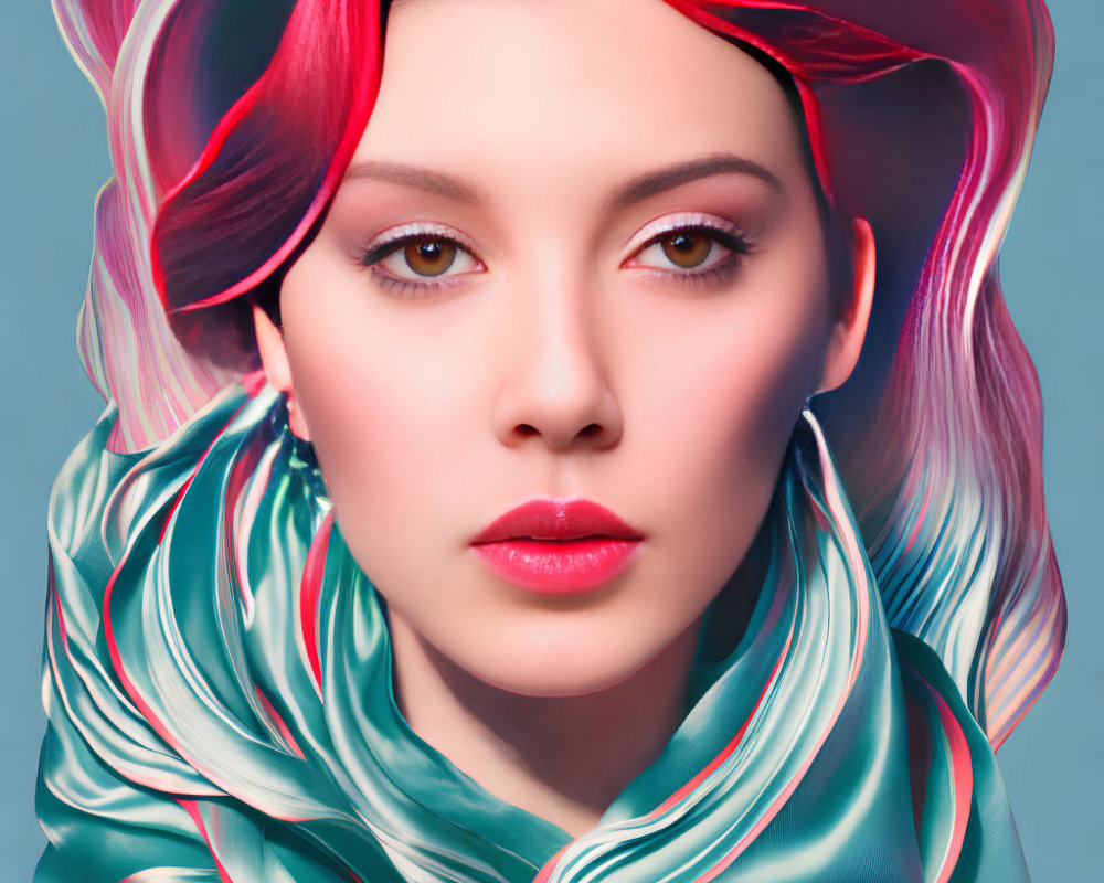 Vibrant digital portrait of woman with red and pink hair and teal scarf