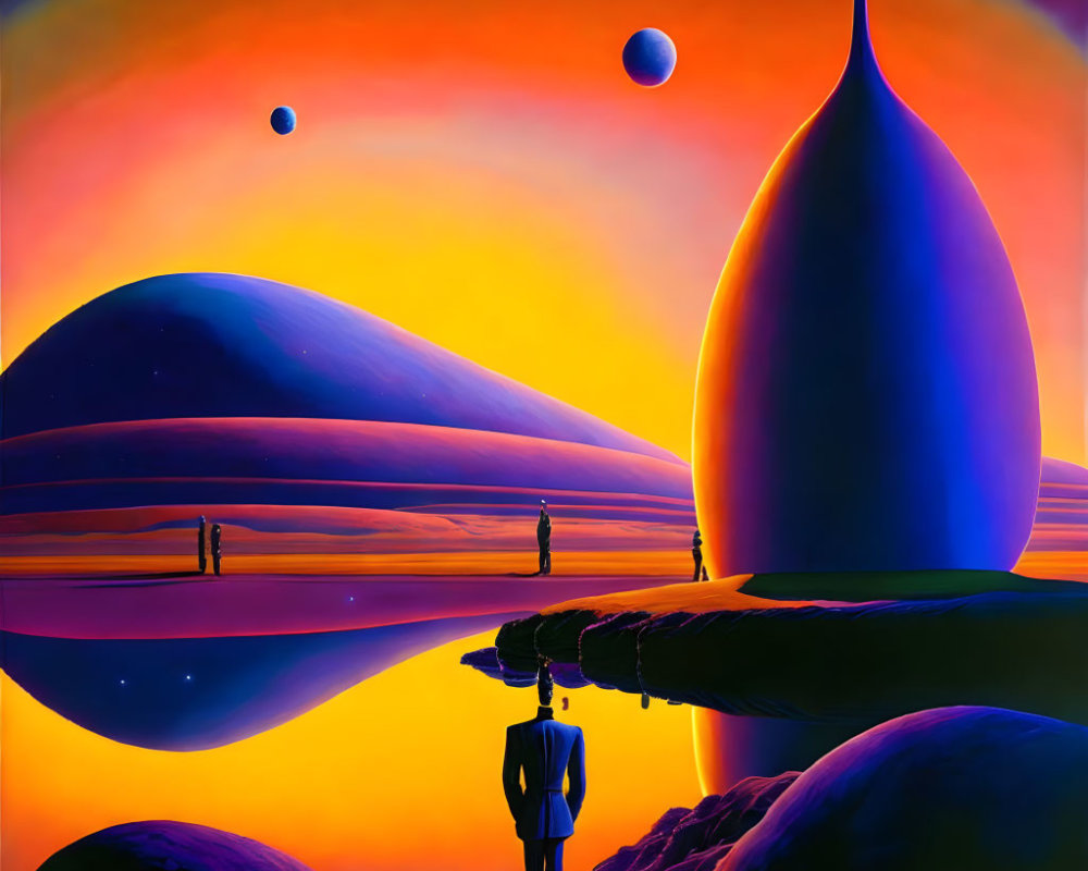 Futuristic landscape with large planets, spire, and silhouetted figures