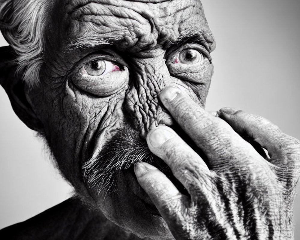 Portrait of elderly person with deep wrinkles and intense gaze.