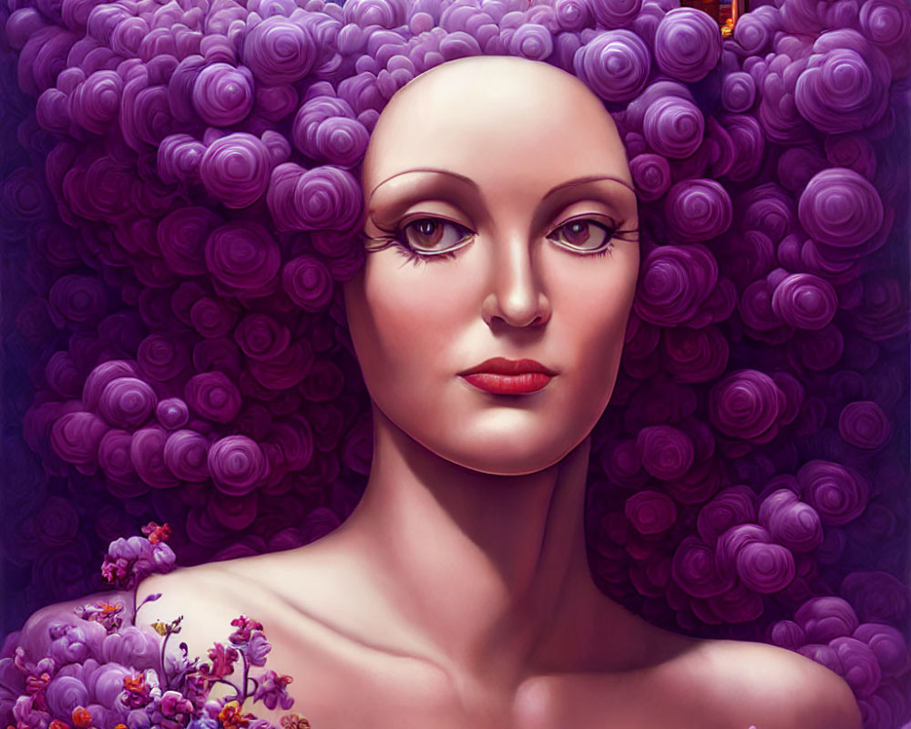 Illustrated portrait of woman with elaborate purple rose hair and lilac flower shoulder against rose backdrop