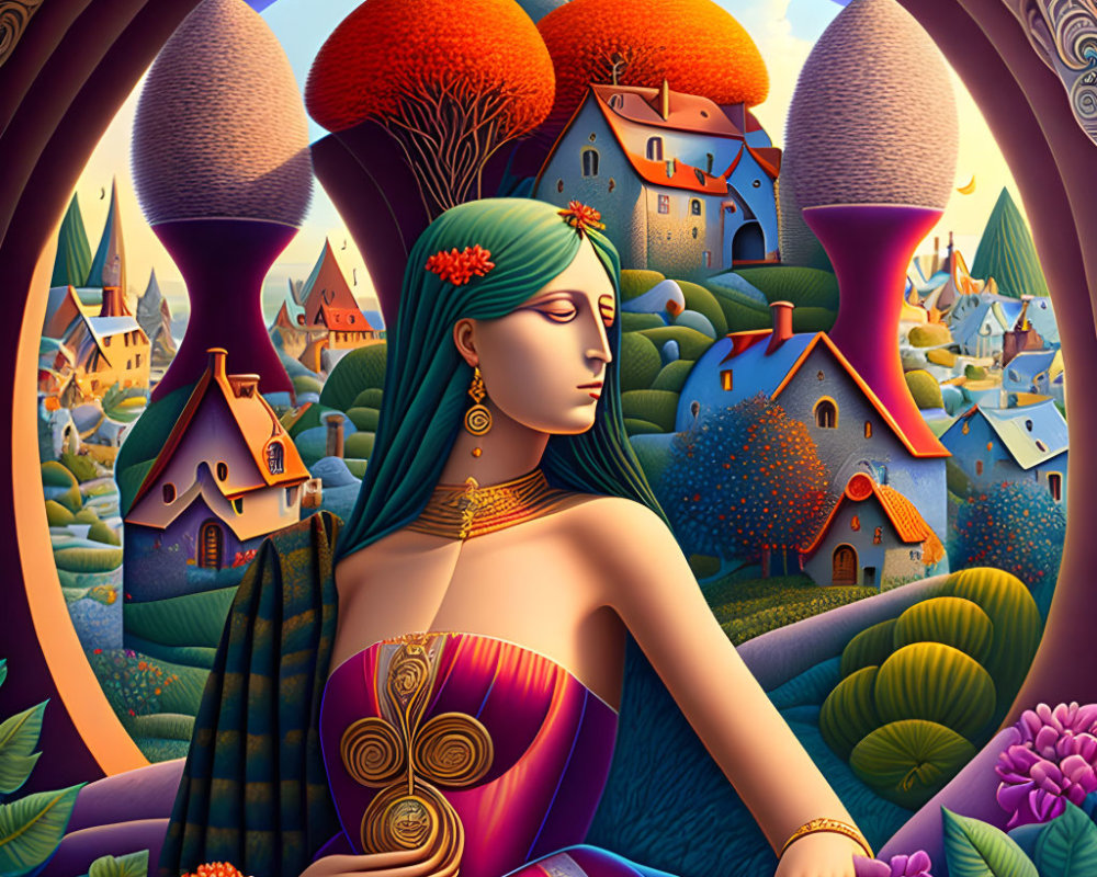 Colorful painting of woman with green headband in whimsical setting