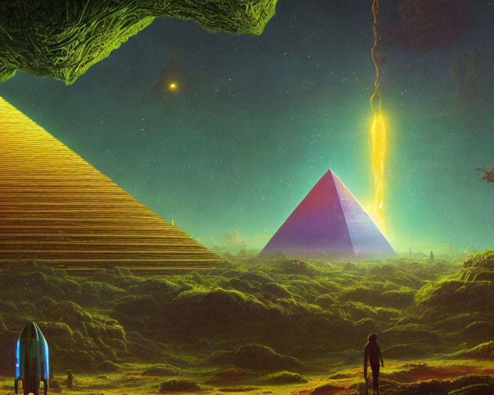 Surreal landscape with person, pyramids, rocket ship, and floating structures