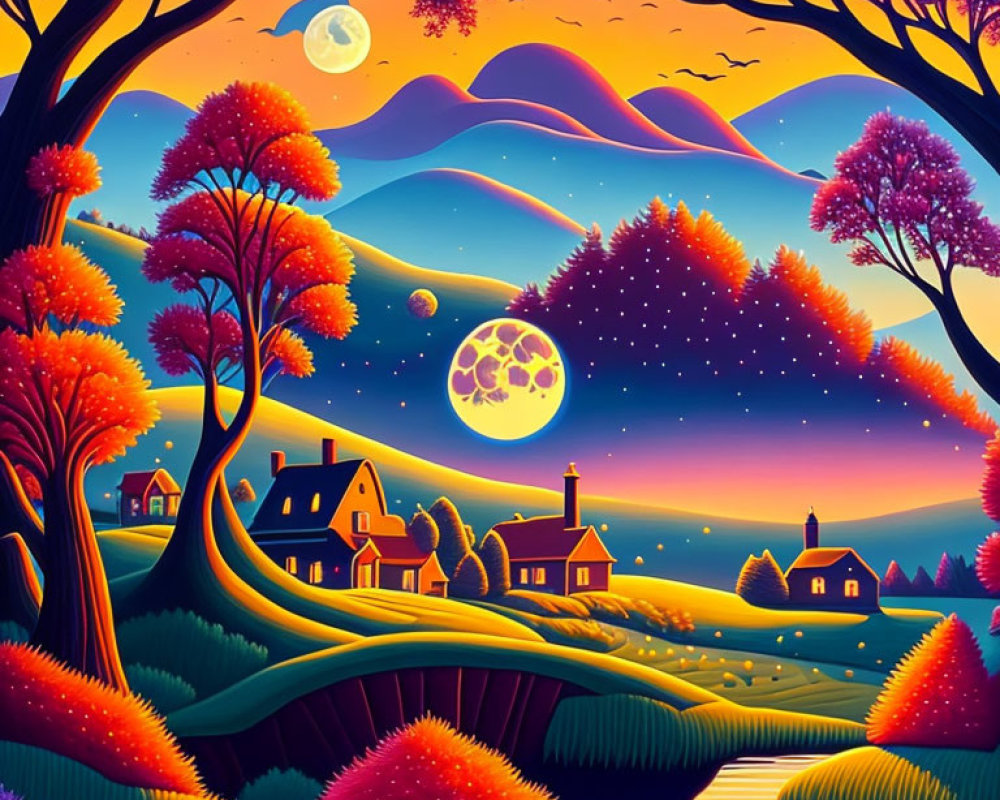 Colorful surreal landscape with two moons, rolling hills, and quaint houses