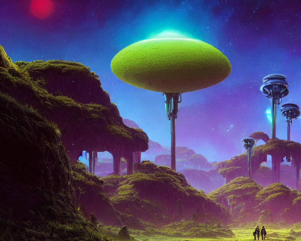 Fantastical landscape with towering mushroom structures and red moon