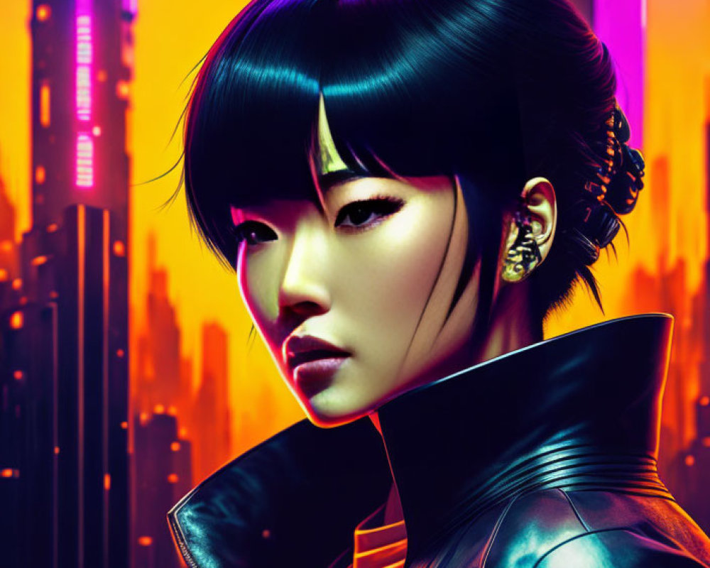 Digital portrait of woman with black hair in leather jacket against neon-lit cityscape