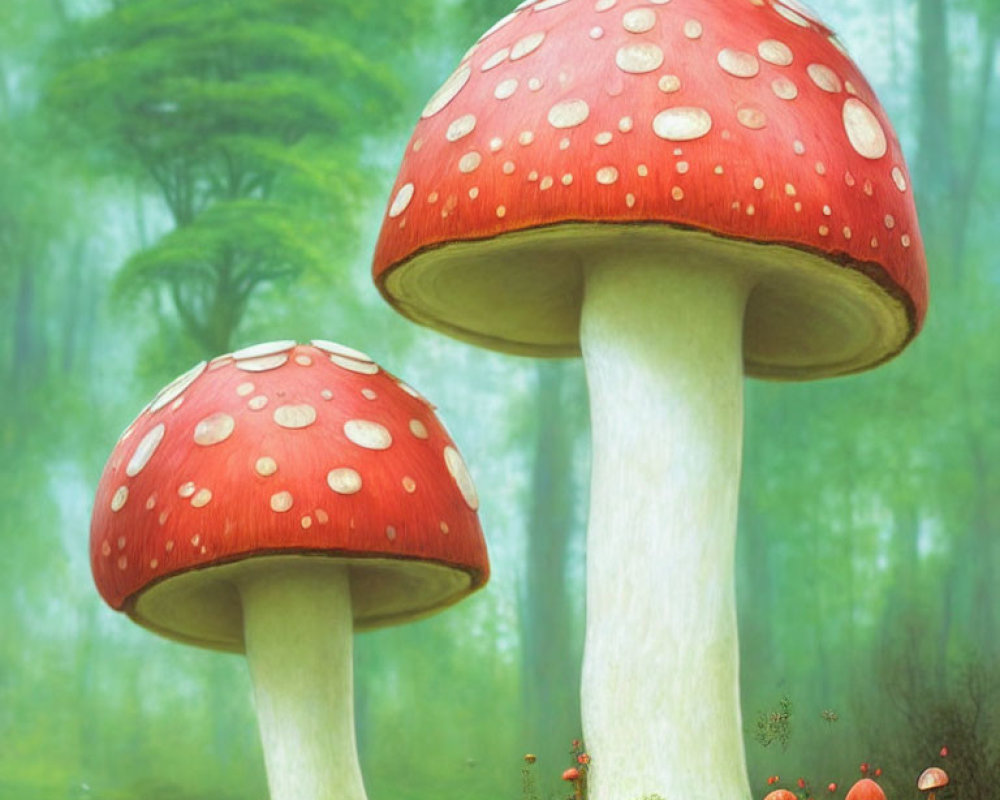 Mystical green forest with giant red mushrooms