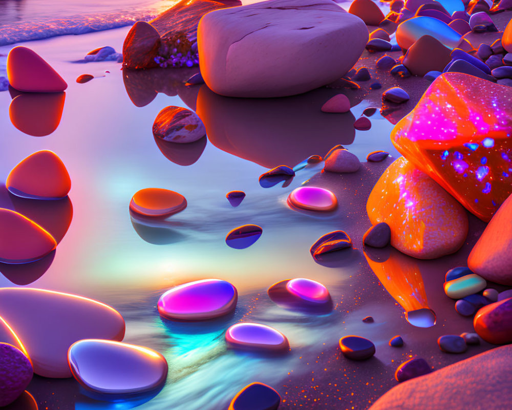 Vibrant glowing rocks on beach at sunset with reflective water