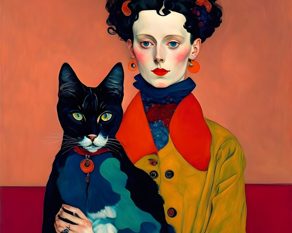 Stylized portrait of woman with dark hair and pale skin, holding black and white cat.