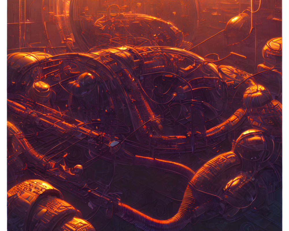 Futuristic machinery environment with intricate pipes and spherical structures in orange and red hues