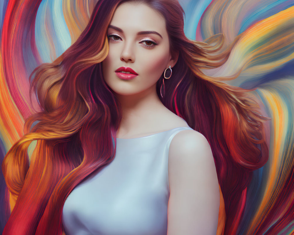 Woman with flowing hair on vibrant, colorful background in simple dress.