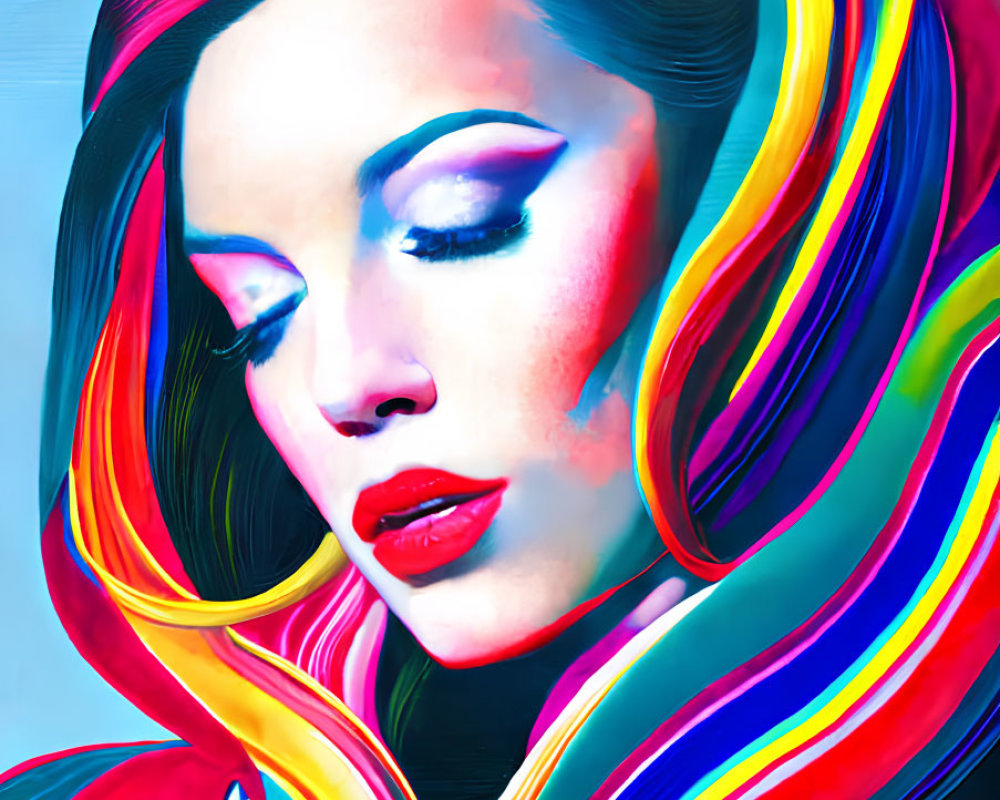 Multicolored hair woman with red lips in digital artwork