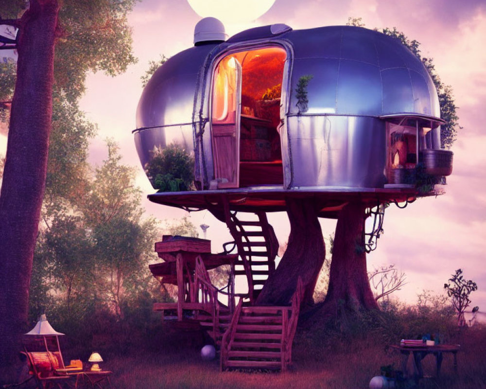 Vintage Airstream Trailer Treehouse in Twilight Nature Setting