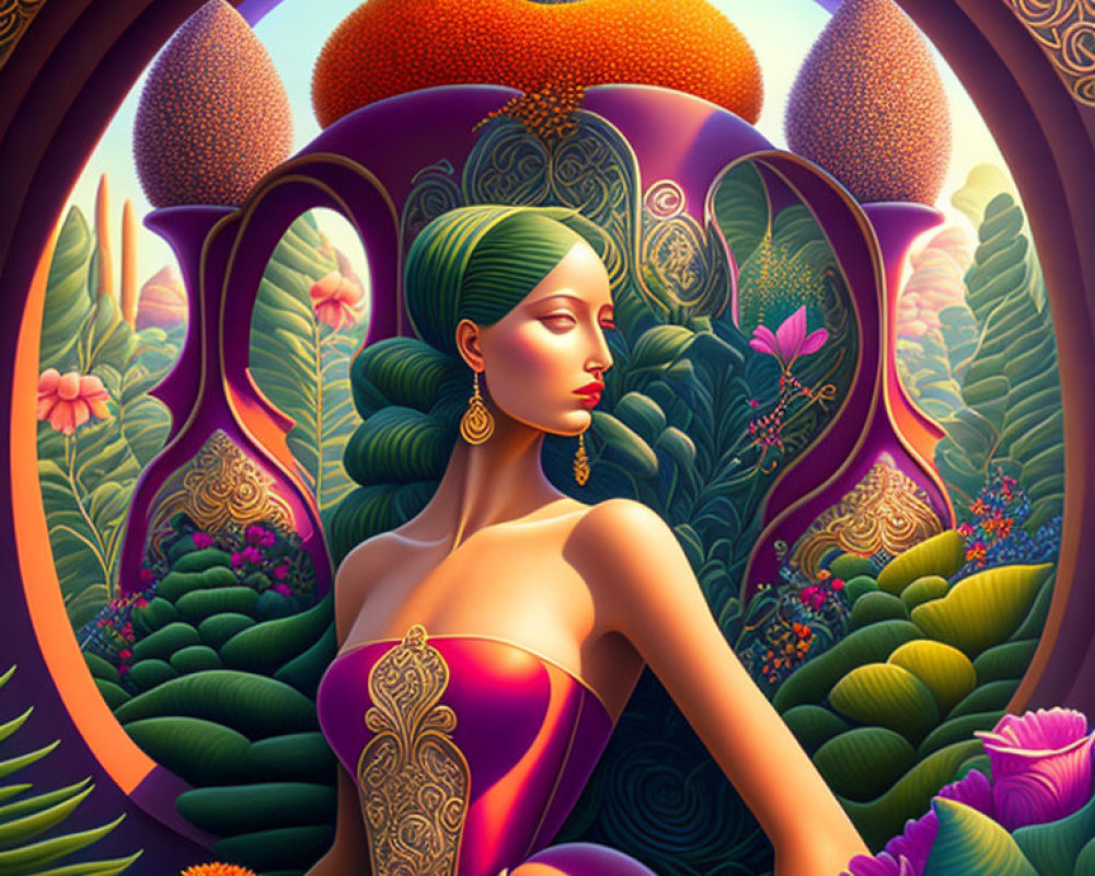 Stylized artwork of woman in vibrant landscape with decorative plants and patterned hills