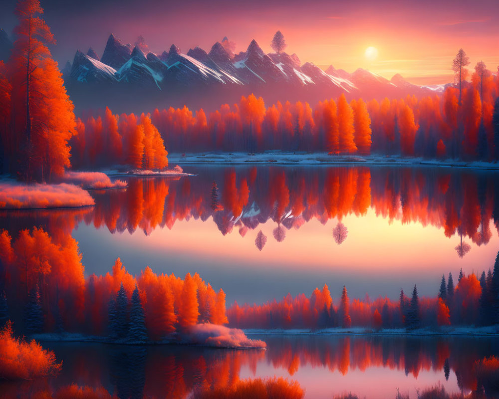 Autumnal forest and snow-capped mountains reflected in serene lake at sunset