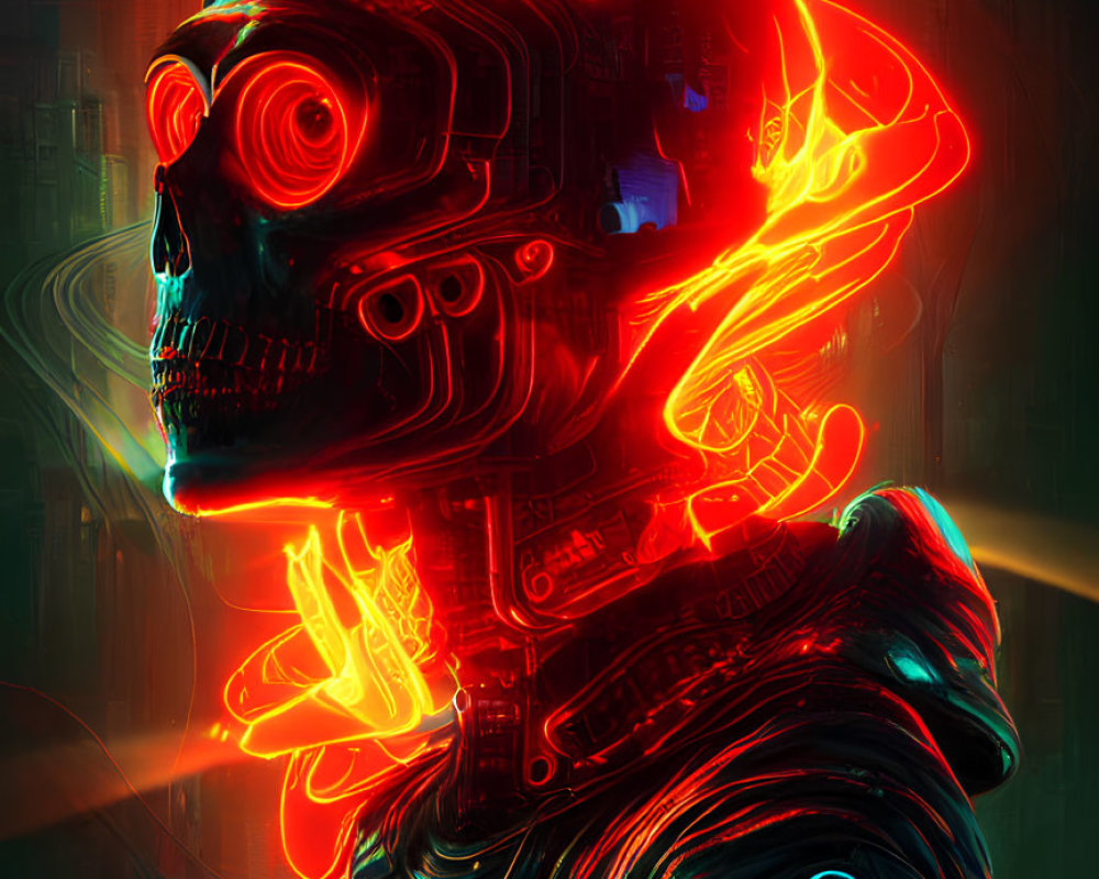 Vibrant neon-lit cyborg art with red outlines on dark backdrop