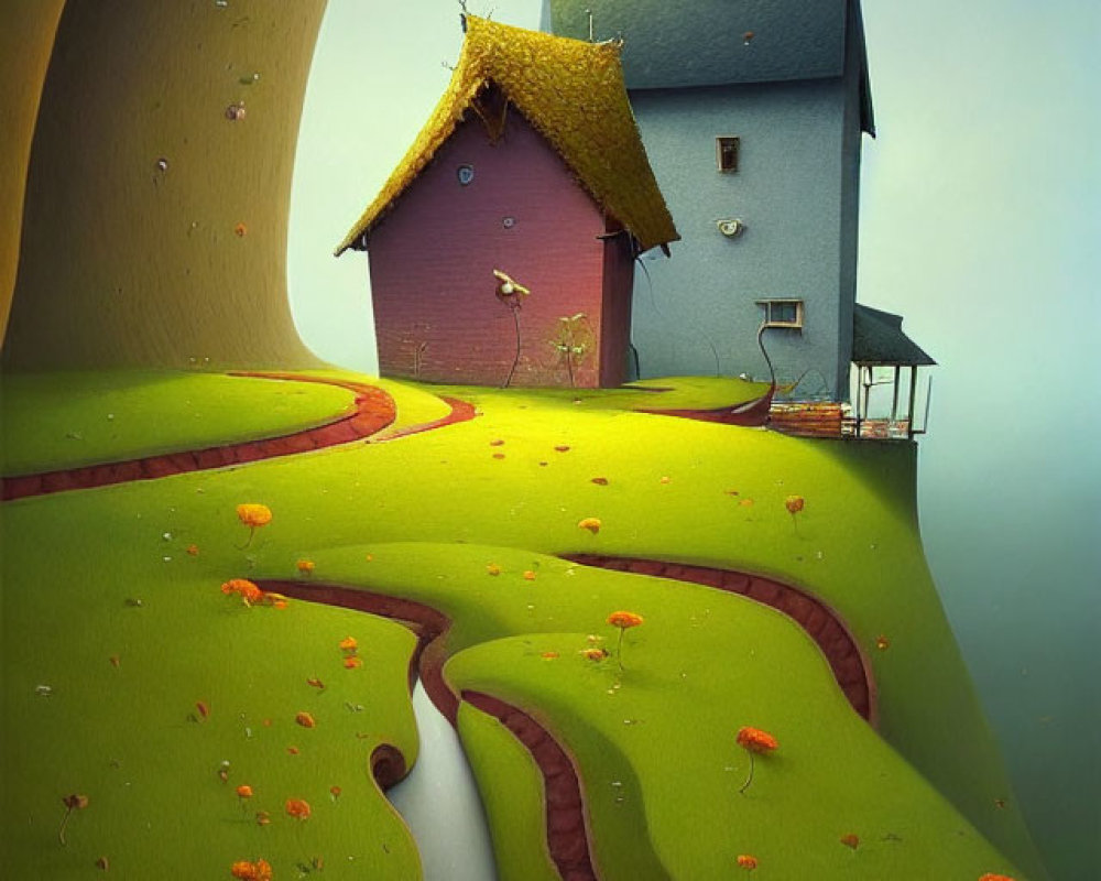 Illustration of quaint house on curved hill with oversized leaves