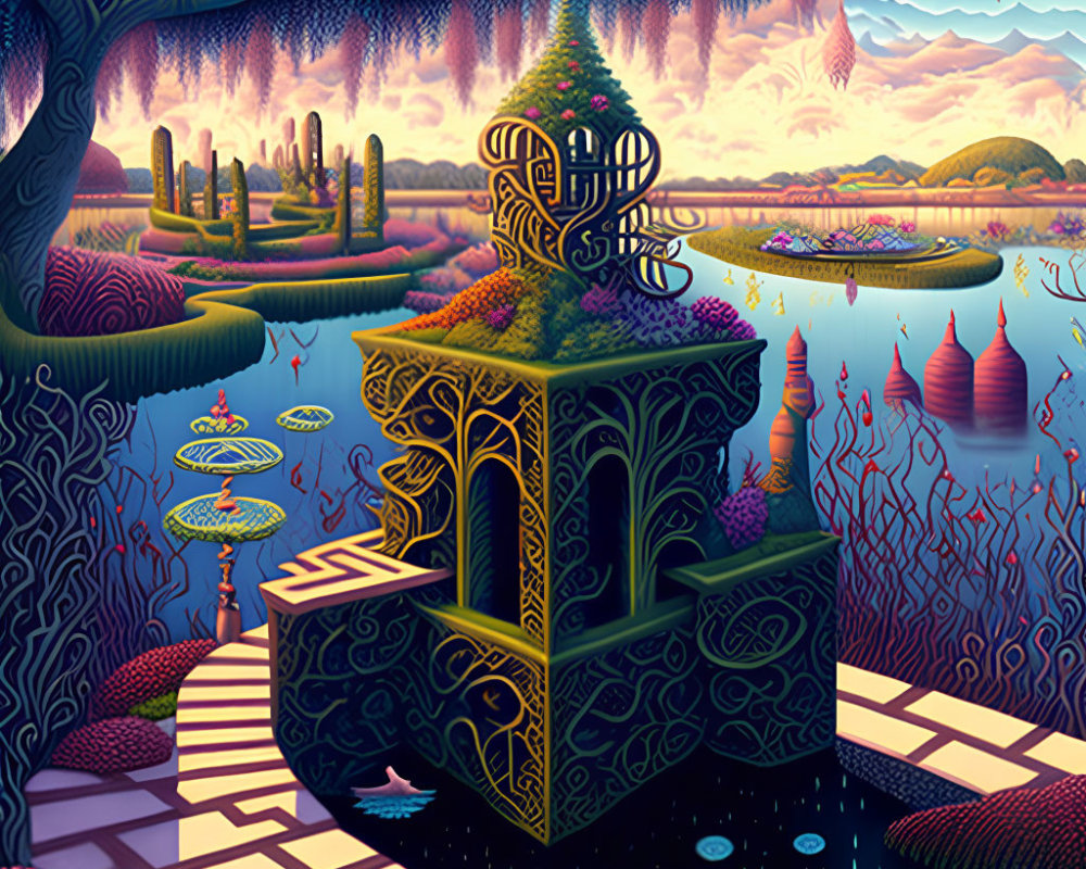 Fantastical landscape with ornate treehouse, spiral structures, checkerboard pathways, and vibrant vegetation