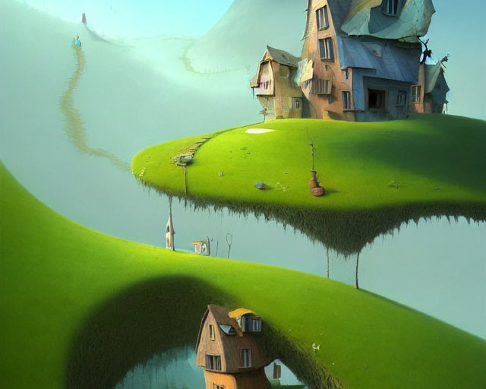 Whimsical floating island artwork with houses and winding path