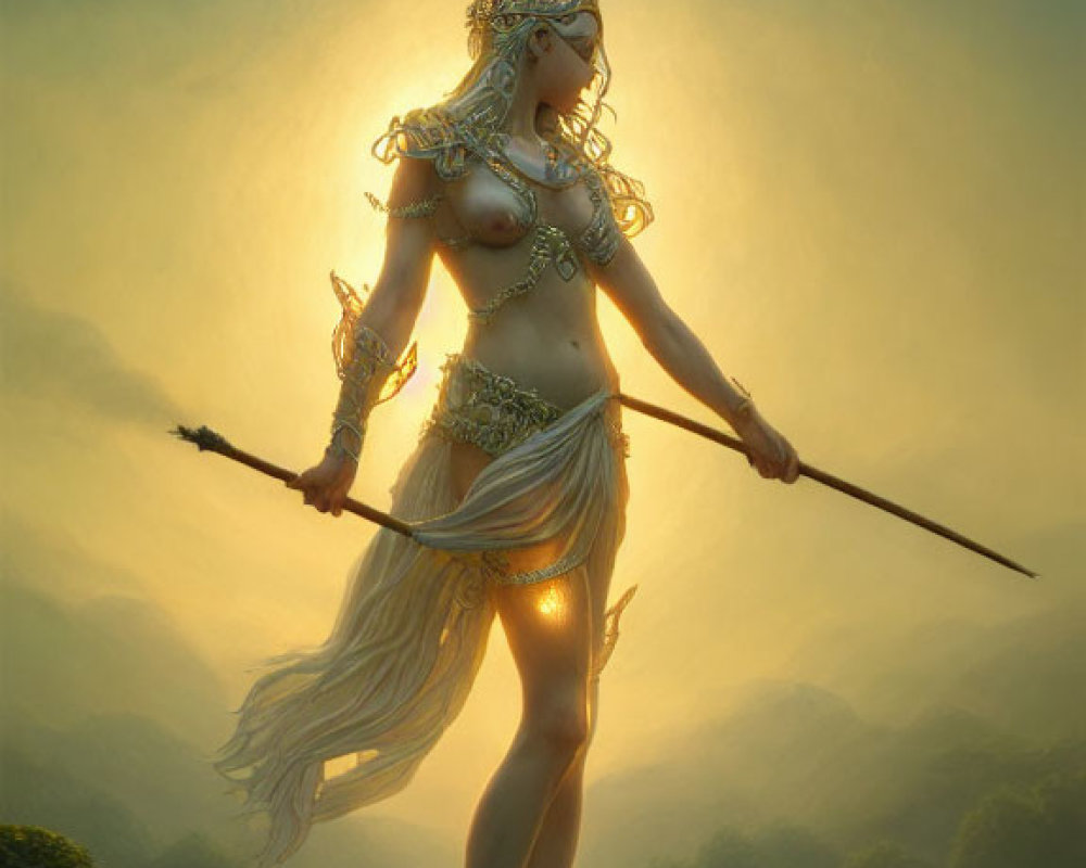 Mystical female figure with crown and spear in foggy river