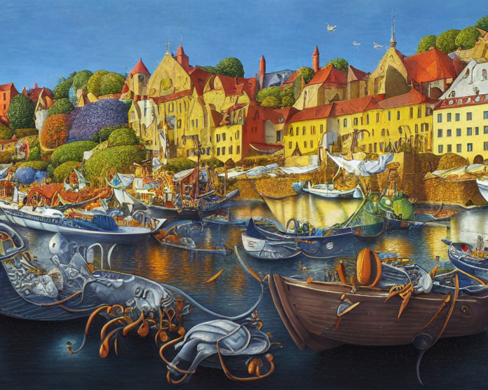 Colorful European-style town by a river with fantastical boats and oversized fish under clear sky