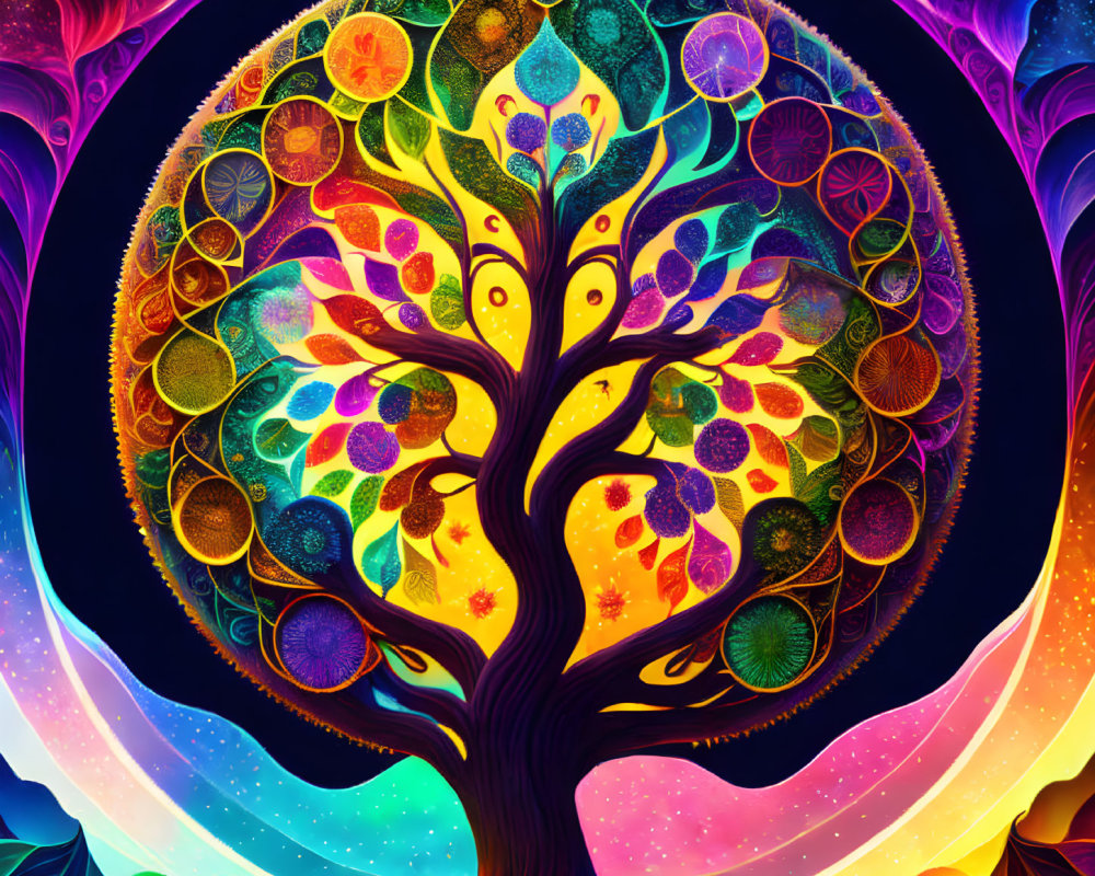 Colorful Psychedelic Tree with Celestial Motifs on Dark Background