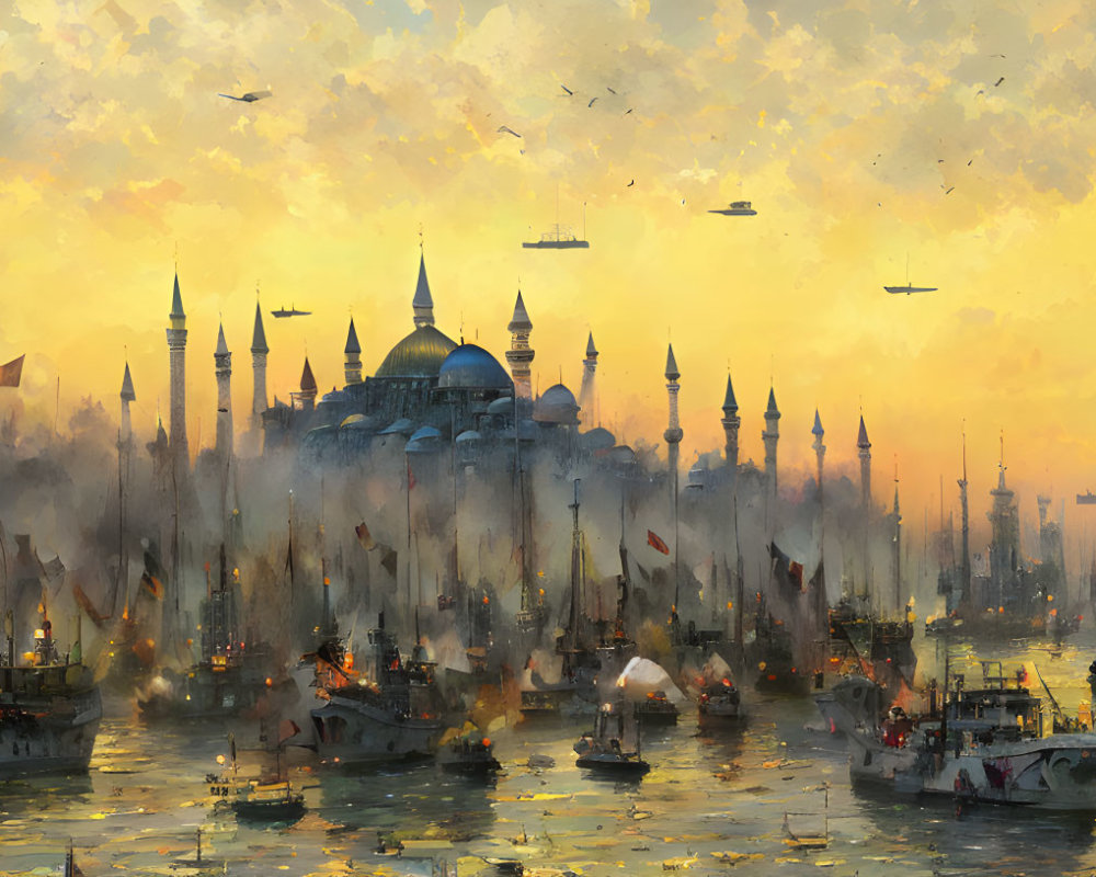 Golden-hued historical harbor with boats, spires, and airships under a sunset sky.