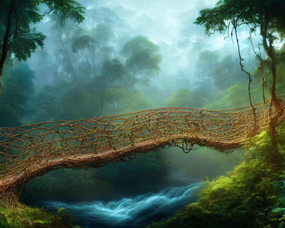 Lush Rainforest Scene with Woven Tree Root Bridge