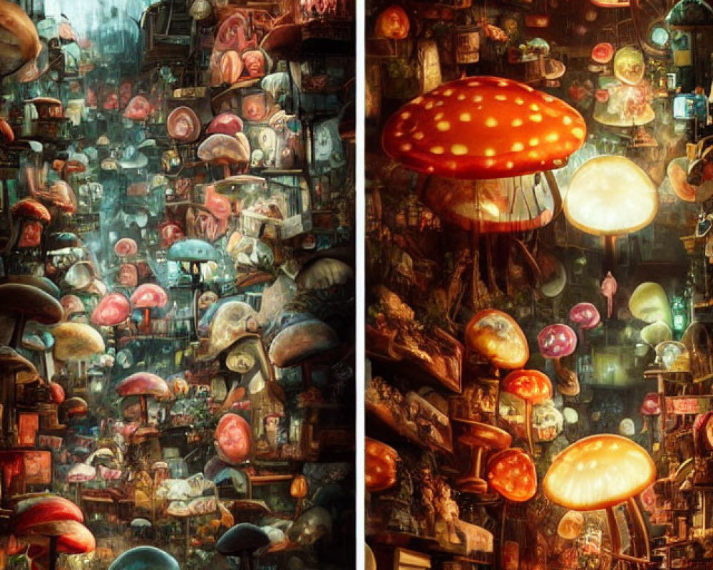 Colorful Glowing Mushrooms in Whimsical Alley with Figure Holding Umbrella