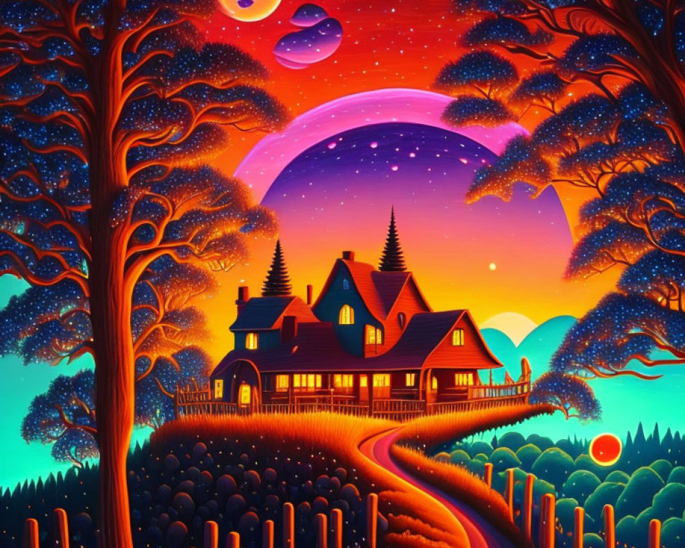 Colorful Trees and Starry Sky Artwork: House Surrounded by Moon, Comets, and